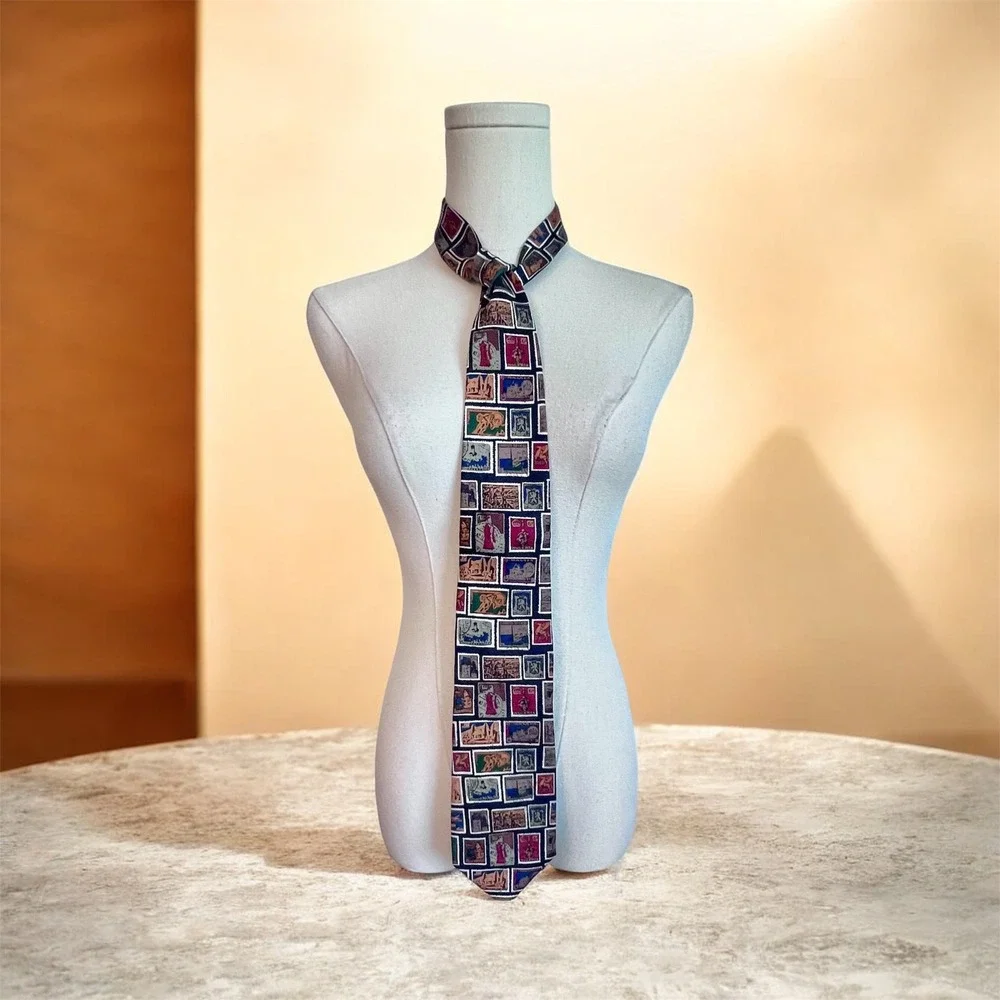 Alynn Mens Silk Tie International Stamp Collection Navy Blue Vintage Postage USA